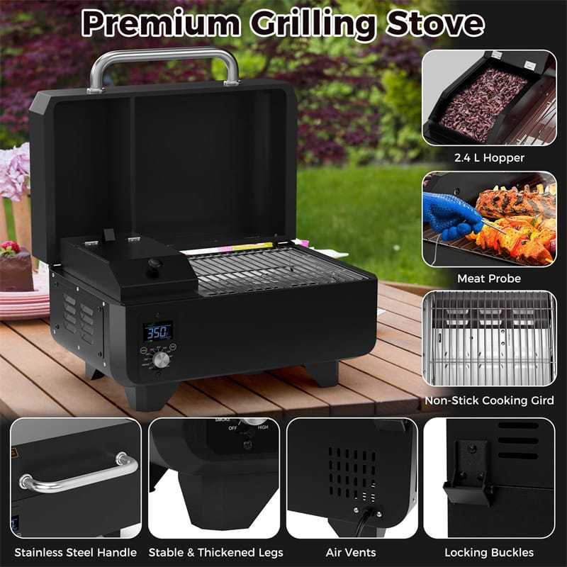 Pellet Grill and Smoker Portable Pellet Smoker Tabletop Wood Pellet Grill w/ Temperature Control, Removable Ash Pan, Grease Tray for Camping BBQ