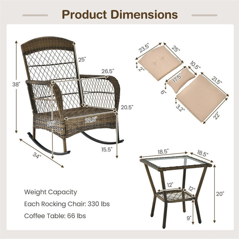 3-Piece Outdoor Wicker Rocking Bistro Set, Patio PE Rattan Rocking Chairs with Tempered Glass Side Table & Cushions for Porch, Poolside, Backyard