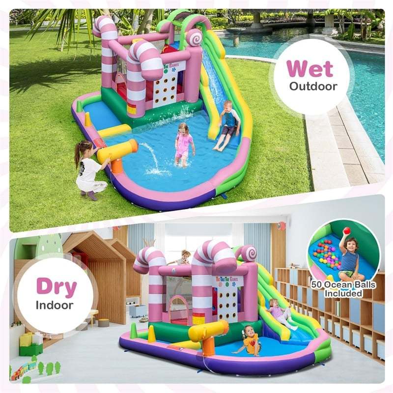 9-in-1 Inflatable Water Slide Bounce House Sweet Candy Bouncy Castle Backyard Waterpark Pool with 735W Blower, Climbing Wall & Tic-Tac-Toe