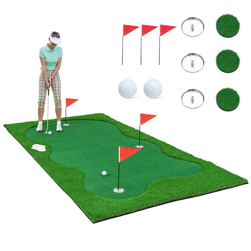 10 x 5FT Golf Putting Green, Large Professional Putting Mat with Artificial Grass Turf, 3 Holes & Flags, Golf Training Aid for Indoor Outdoor Practice