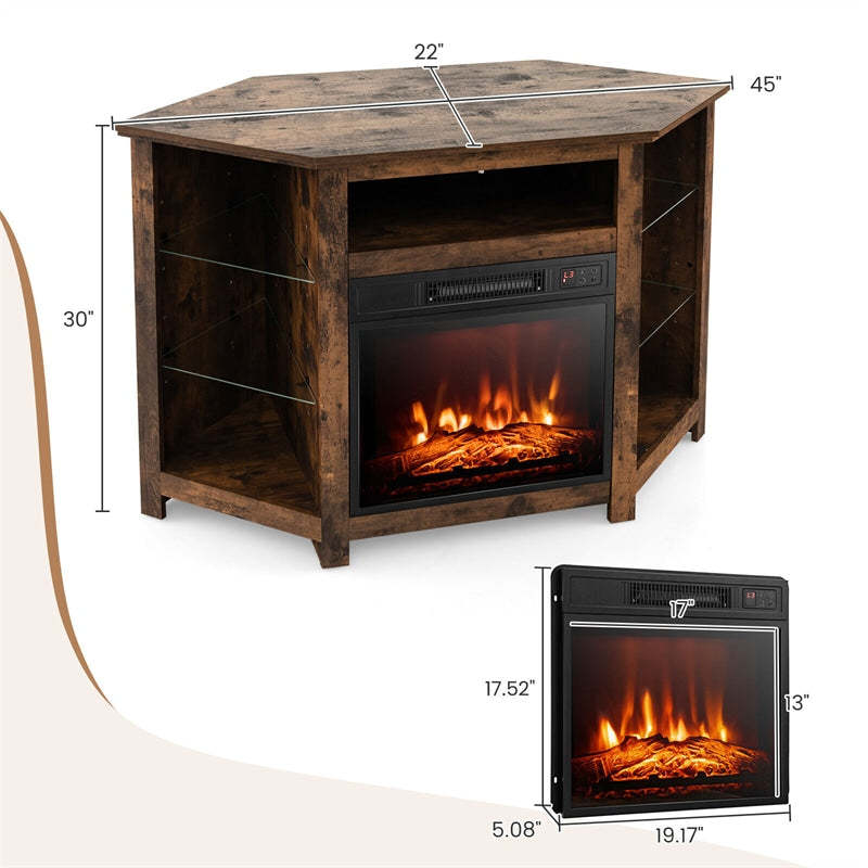 45" Corner Fireplace TV Stand for 50" TVs, Modern Fireplace Entertainment Center with 16-Color LED Lights, Smart APP Control, Adjustable Shelves