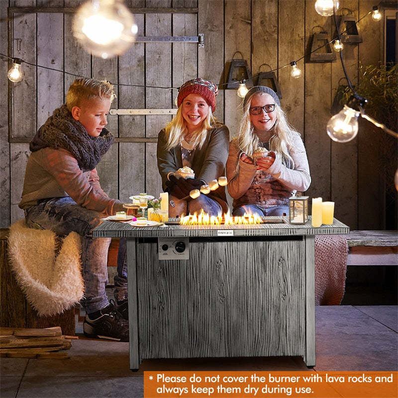 43" Rectangular Propane Fire Pit Table 50,000 BTU Outdoor Gas Fire Table with Wood Grain Tabletop, Metal Lid, Lava Rocks & Waterproof Cover