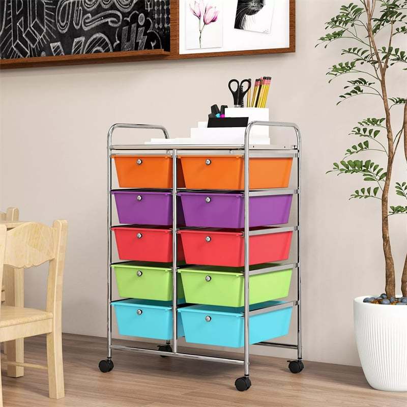 10 Drawer Rolling Cart, Storage Cart Organizer with Wheels, Mobile Utility Cart for Classroom, Office, Home, Craft, Art, Paper, Salon