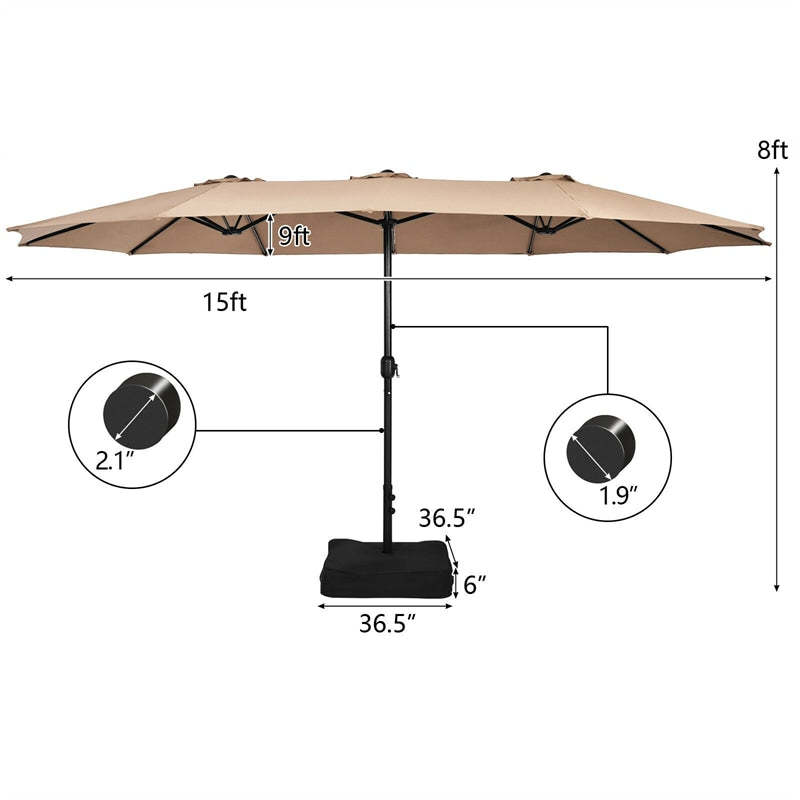 15FT Double-Sided Patio Umbrella with Base, Crank Handle & Air Vent, Extra Large Outdoor Market Umbrella for Poolside, Garden, Backyard
