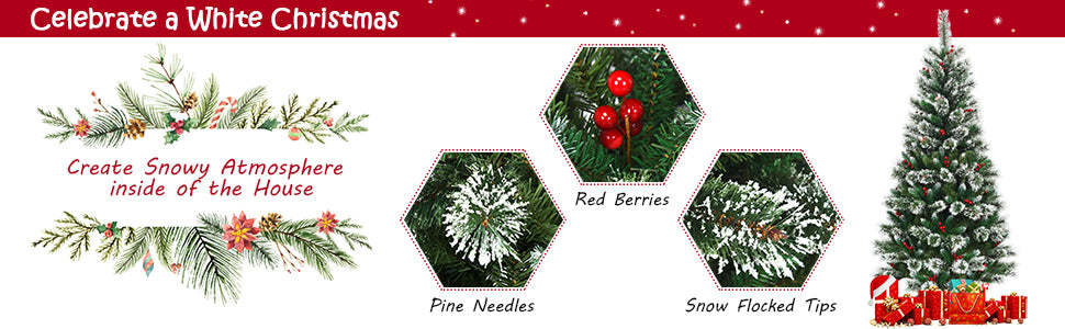 6ft Snow Flocked Pencil Artificial Christmas Tree with Red Berries