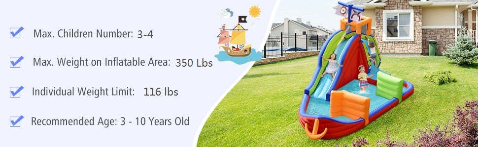6-in-1 Pirate Ship Giant Water Park Kids Inflatable Water Slide Water Guns without Blower