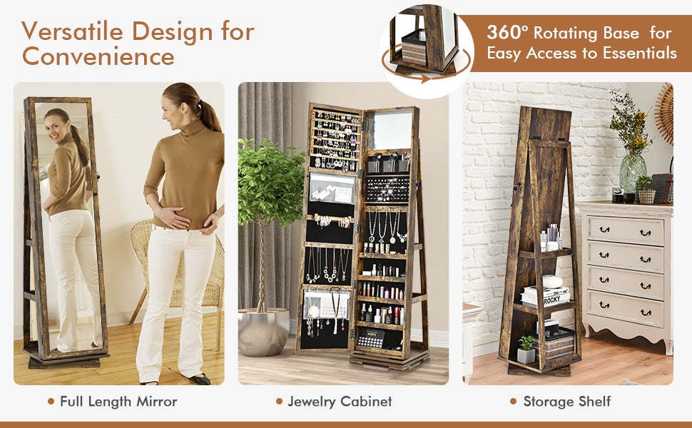 360° Swivel Jewelry Armoire Standing Lockable Jewelry Cabinet Organizer with Higher Full Length Mirror & Rear Storage Shelves