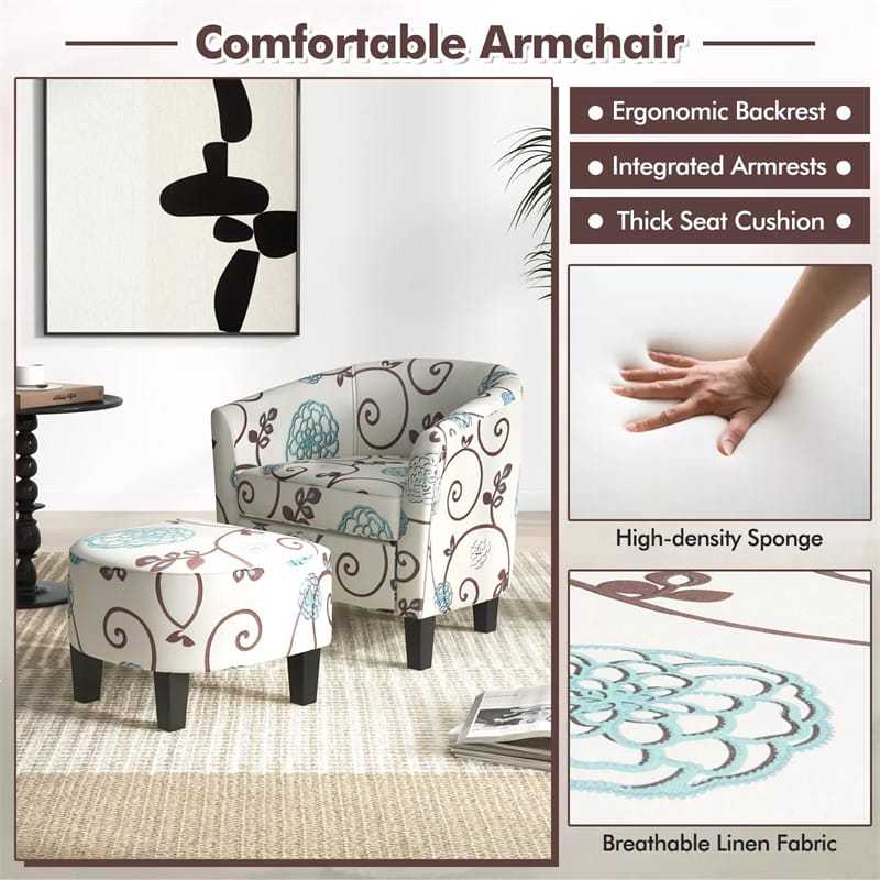 Small Accent Chair & Ottoman Set, Modern Round Arm Accent Chair Upholstered Barrel Chair with Solid Wood Legs for Living Room Bedroom