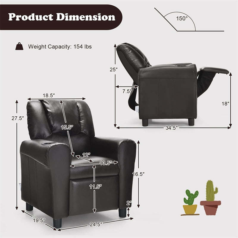 Kids Recliner Chair with Cup Holder, Armrests & Retractable Footrest, Children PU Leather Sofa Armchair, Ergonomic Toddler Room Furniture