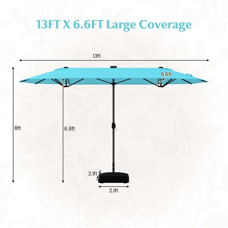 13FT Double-sided Patio Umbrella with Base, 36 Solar LED Lights & Crank Handle, Large Twin Table Umbrella for Poolside, Outdoor Dining