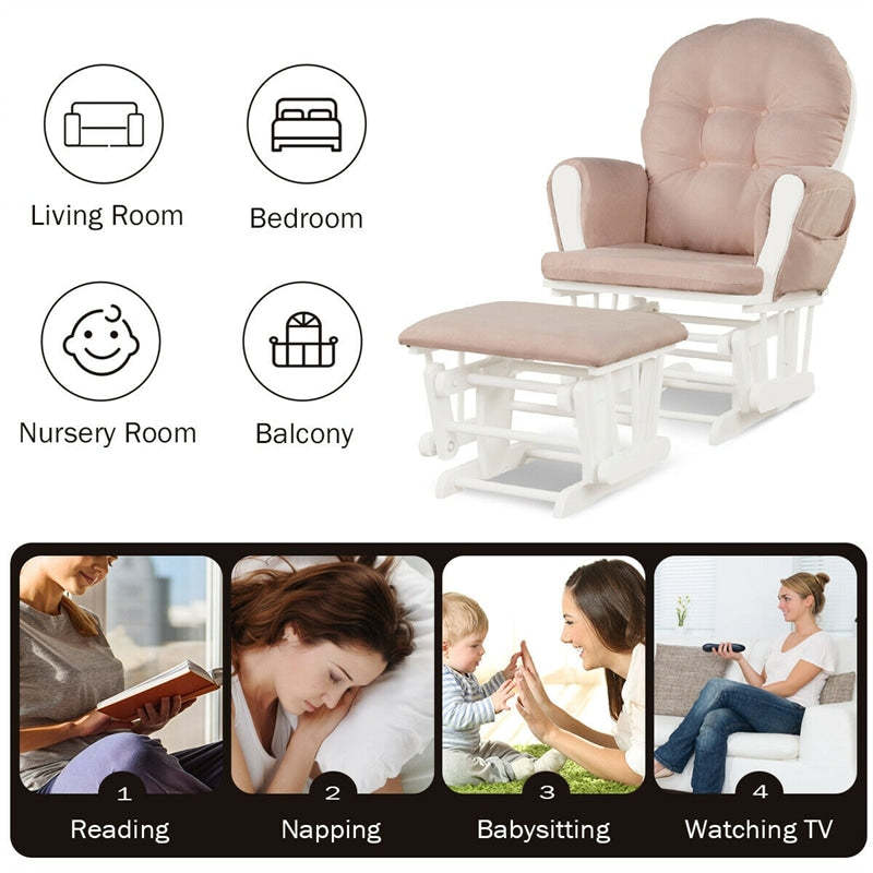 Wood Nursery Glider Chair & Ottoman Set, Upholstered Glider Rocker with Padded Cushion, Storage Pocket, Modern Rocking Chair for Nursery