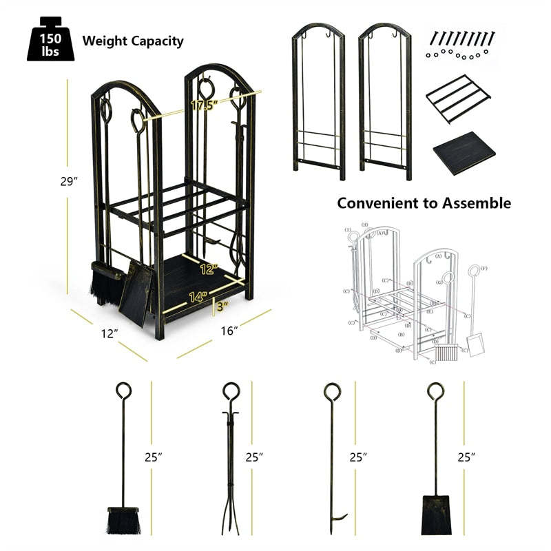 Firewood Rack with 4 Fireplace Tools Set, Heavy Duty Wrought Iron Log Rack Wood Storage Firewood Holder for Indoor  Outdoor