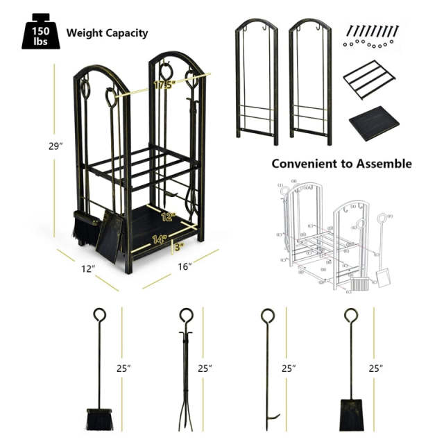 Firewood Rack with 4 Fireplace Tools Set, Heavy Duty Wrought Iron Log Rack Wood Storage Firewood Holder for Indoor  Outdoor
