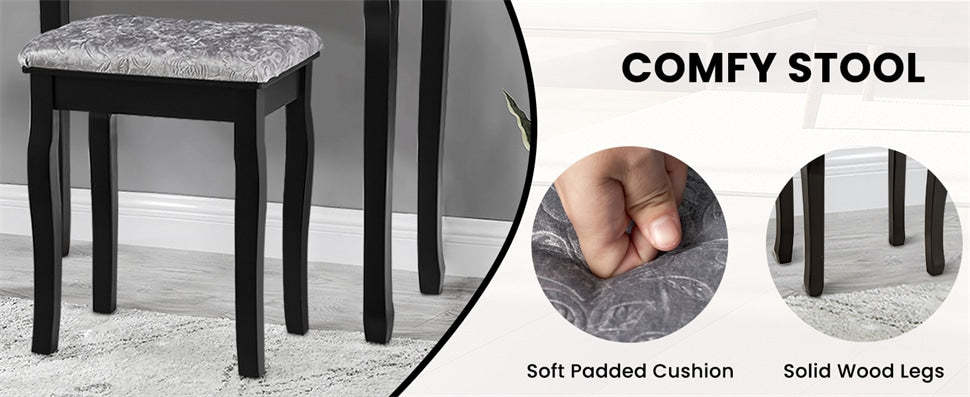 Makeup Vanity Set With Lighted Mirror & Cushioned Stool, Bedroom Dressing Table with 10 Dimming Light Bulbs & 5 Storage Drawers