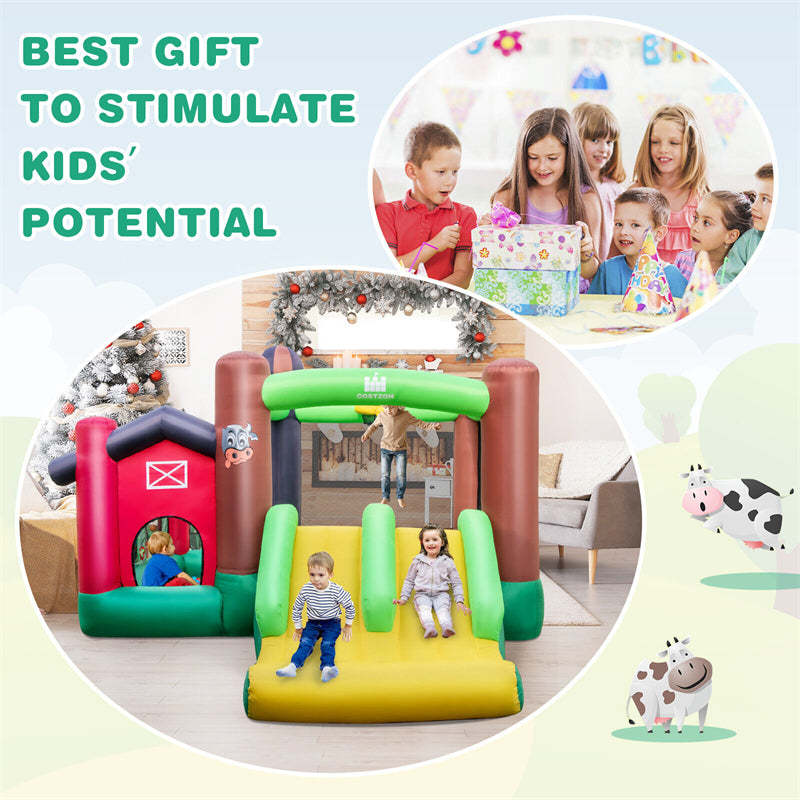 Farm Themed Inflatable Castle Bounce House Indoor Outdoor Kids Bouncy House with Double Slides & 735W Air Blower