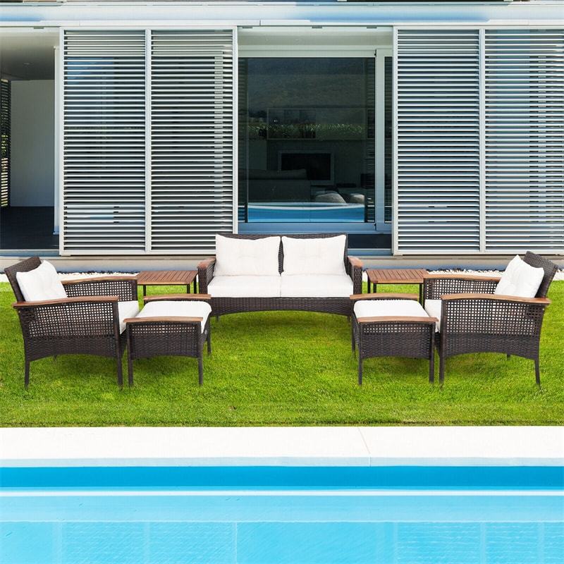 7 Piece PE Wicker Outdoor Conversation Set with 2 Storage Side Tables & 2 Ottomans