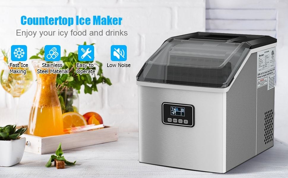 48LBS/24H Countertop Ice Maker, Portable Stainless Steel Ice Machine with Self-Cleaning, Timer Funct