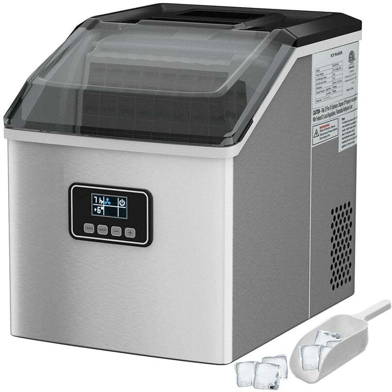 48LBS/24H Countertop Ice Maker, Portable Stainless Steel Ice Machine with Self-Cleaning, Timer Function, LCD Display, Ice Scoop Basket for Home Office