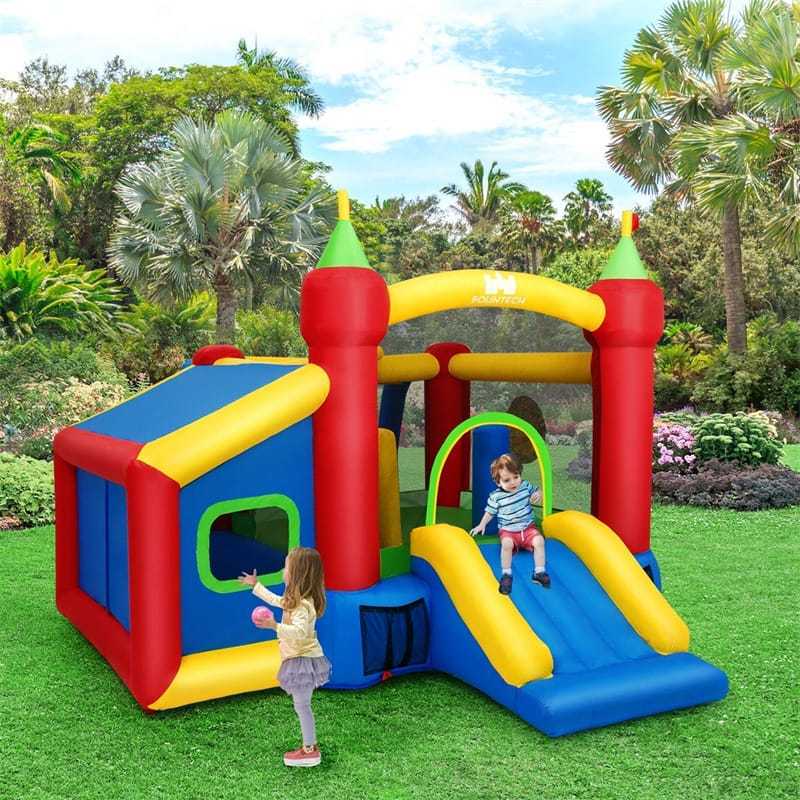 Inflatable Bounce House, 7-in-1 Kids Jumping Bouncy Castle with Slide, Basketball & Football Field, 100 Ocean Balls for Backyard Party Gifts