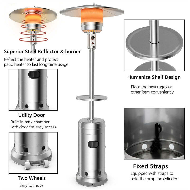 50,000 BTU Propane Patio Heater with Auto Shut-Off & Tip Protection, Commercial Outdoor Heater w/ Wheels & Drink Shelf for Backyard, Restaurant