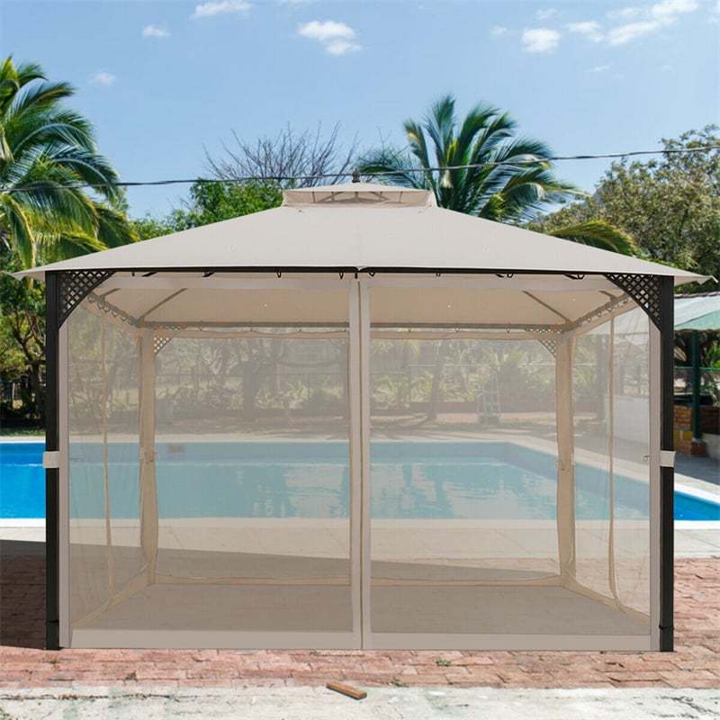 12' x 10' Heavy Duty Outdoor Gazebo Mosquito Netting Gazebo with Double Vented Roof & Netting Curtain