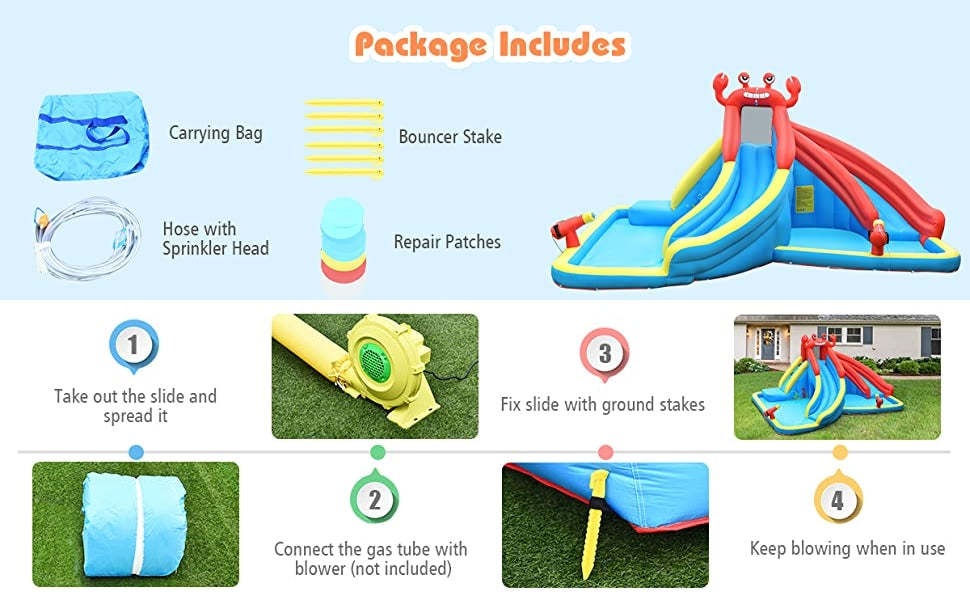 Inflatable Water Slide Crab Dual Slide Bounce House Splash Pool without Blower