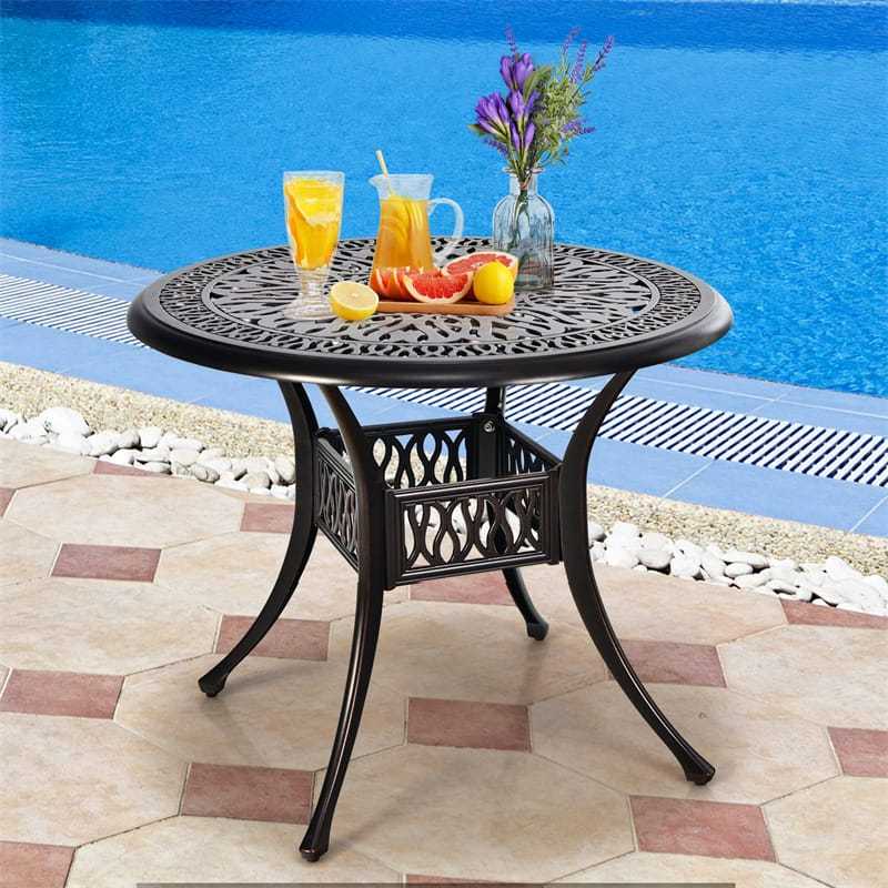 36" Cast Aluminum Bistro Table, Outdoor Round Dining Table with Umbrella Hole, Adjustable Footpads & Weather-Resistant for Backyard, Poolside, Garden