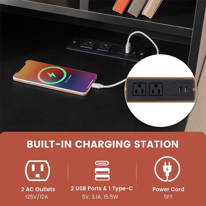 48" Black Computer Desk with Power Outlets, USB Ports & Type-C, Modern Home Office Desk Writing Study Table with Drawers & 5-Cubby Hutch