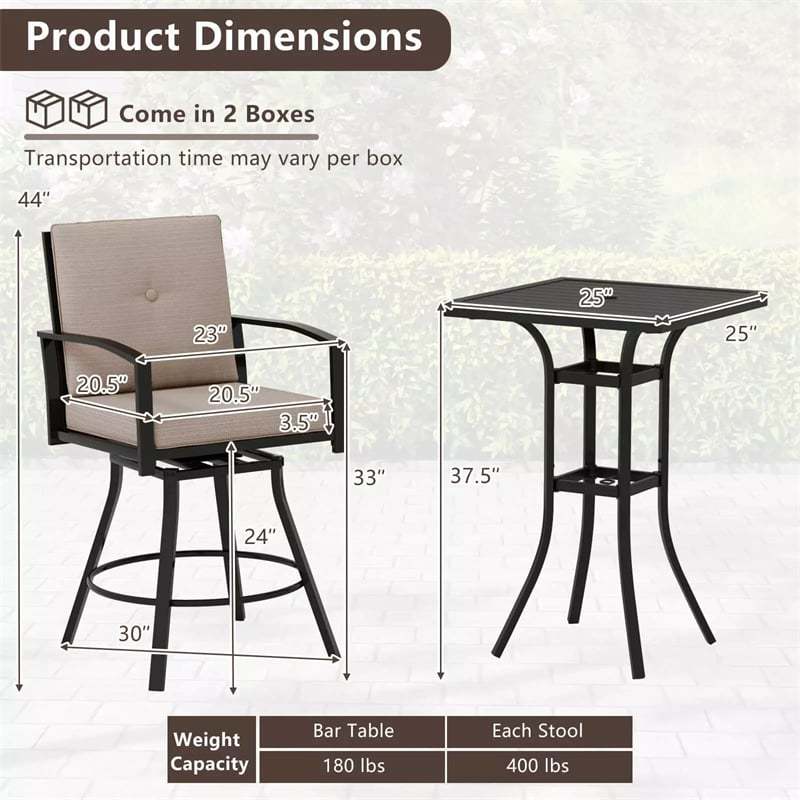 3-Piece All-Weather Metal Patio Bar Set, Outdoor 360° Swivel Bar Stools & Table with Removable Cushions & Umbrella Hole for Poolside, Deck, Backyard