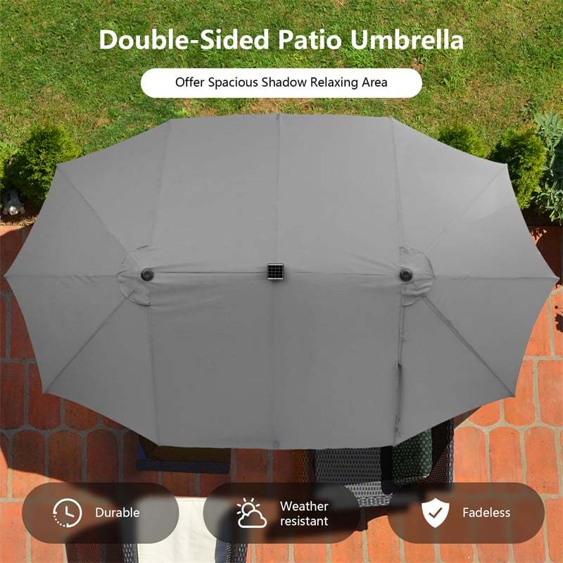 15FT Double-Sided Patio Umbrella with 48 Solar LED Lights & Crank Handle, Extra Large Outdoor Market Umbrella for Poolside, Deck, Backyard