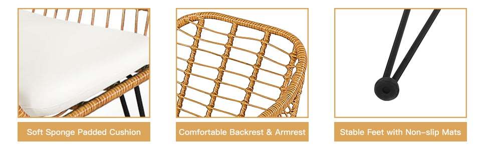 3 Piece Rattan Patio Bistro Set Wicker Conversation Set with Glass Coffee Table & Cushioned Armchairs