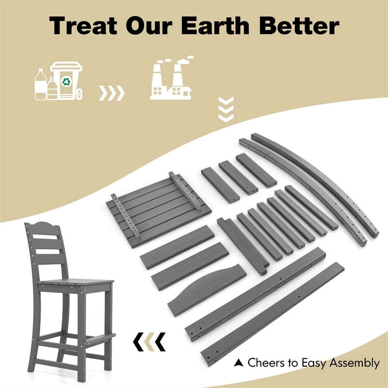 Outdoor HDPE Bar Stool, 30" Tall All Weather Patio Bar Chair with Backrest & Footrest for Garden, Backyard, Easy Maintenance