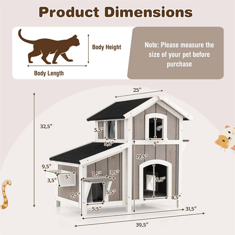 2-Story Outdoor Cat House, Wooden Feral Cat Shelter with Escape Doors, PVC Curtains, Weatherproof Asphalt Roof, Kitty Shelter Condo for Balcony Patio