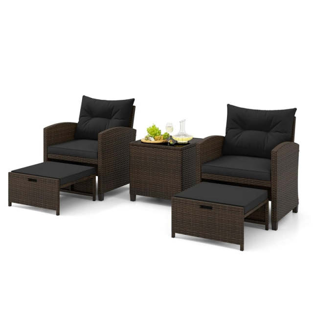 5-Piece Patio Rattan Furniture Set, Cushioned Wicker Chairs with 2 Ottomans & Glass Coffee Table, Outdoor Sectional for Porch Backyard Poolside