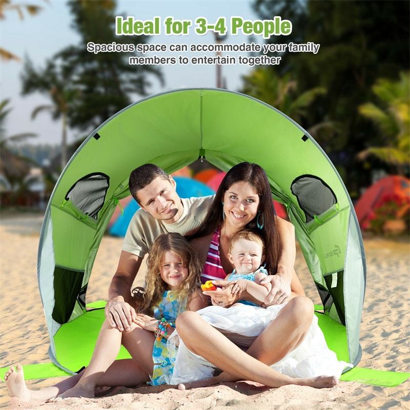 3-4 Person Pop Up Beach Tent, Anti-UV UPF 50+ Portable Camping Sun Shelter with 2 Mesh Windows for Picnic, Hiking