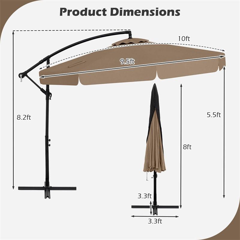 10FT Offset Cantilever Umbrella with Cover, Tilt Adjustment & Crank, 8-Rib Heavy-Duty Vented Ruffled Patio Umbrella for Poolside/Garden/Deck