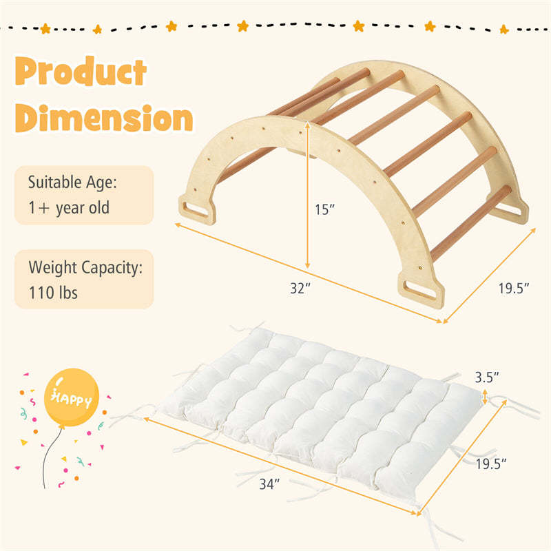 Wooden Arch Rocker with Soft Cushion, 3-in-1 Montessori Climbing Arch for Toddlers & Kids, Pikler Climber Ladder Toy for Indoor/Outdoor Play