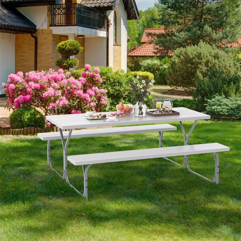 6FT Picnic Table & Bench Set for 8-Person, Heavy Duty Weather-Resistant Outdoor Dining Table with Umbrella Hole HDPE Tabletop & Built-in Benches