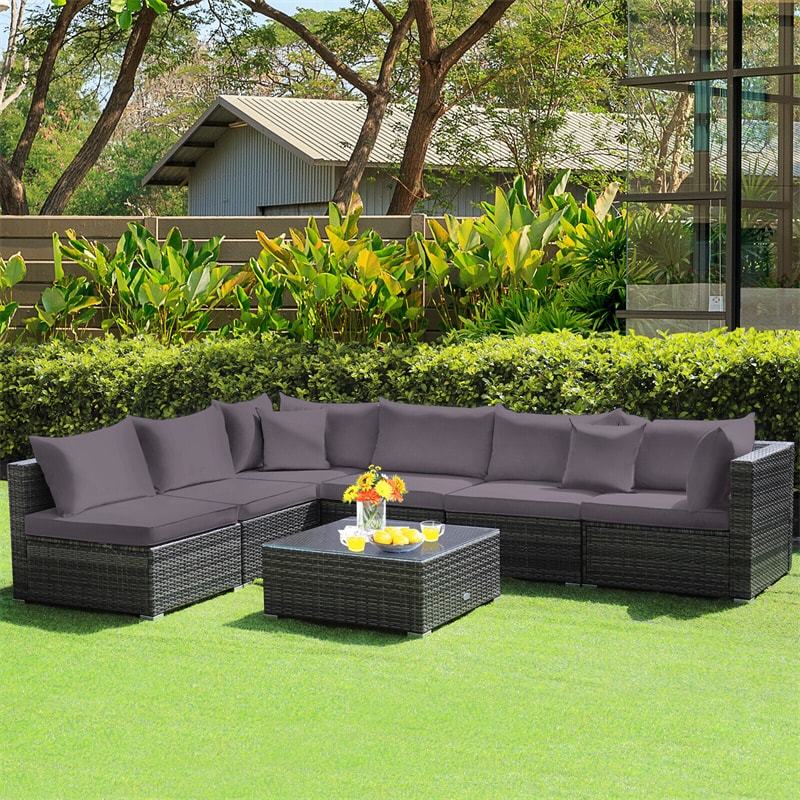 7PCS PE Rattan Modular Outdoor Sectional Set with Tempered Glass Top Table & Cushions, Patio Sofa Furniture for Backyard, Poolside Garden