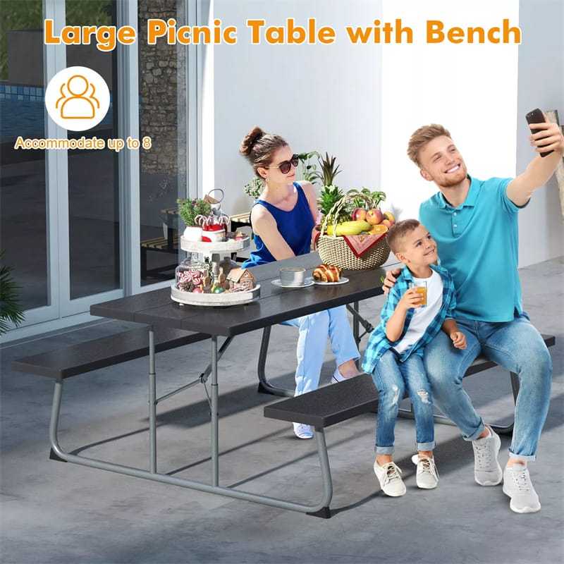 8-Person 6FT Folding Picnic Table & Bench Set, Heavy Duty All-Weather HDPE Outdoor Dining Table with Umbrella Hole & 2 Built-in Benches