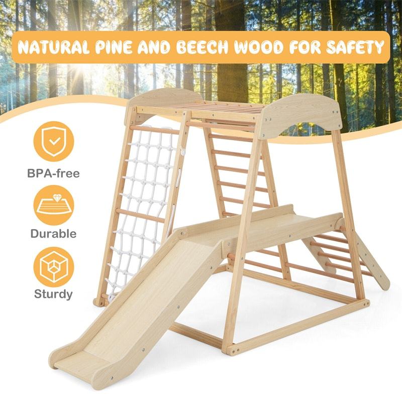 6-in-1 Indoor Jungle Gym Large Wooden Playground Climber Playset Montessori Climbing Toys with Slide, Ladders & Wating Area for Toddlers Kids
