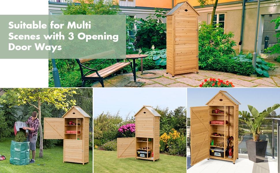 70" Wooden Outdoor Storage Shed Lockable Garden Tool Cabinet with 5 Shelves & Galvanized Sheet Roof