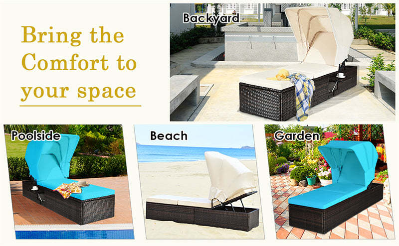 Rattan Outdoor Chaise Lounge Chair with Folding Canopy & Flip-up Tea Table