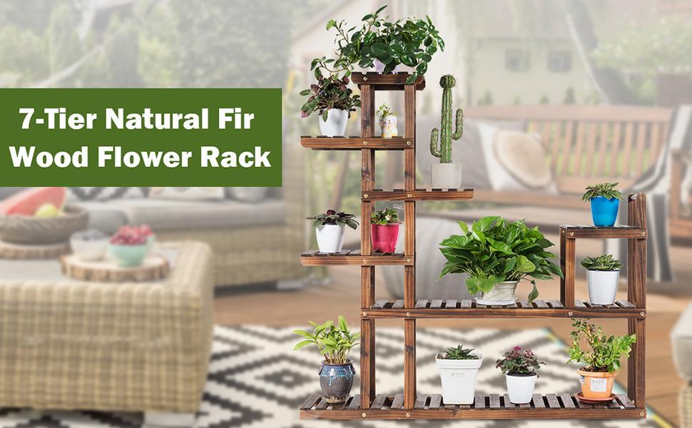 7-Tier Wood Plant Stand Flower Pot Display Rack Multifunctional Storage Shelf for Indoor Outdoor Patio Garden Yard