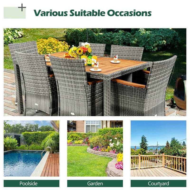 7 Piece Outdoor Wicker Dining Set Patio Rattan Dining Furniture Set with Acacia Wood Table, Umbrella Hole, 6 Cushioned Armchairs