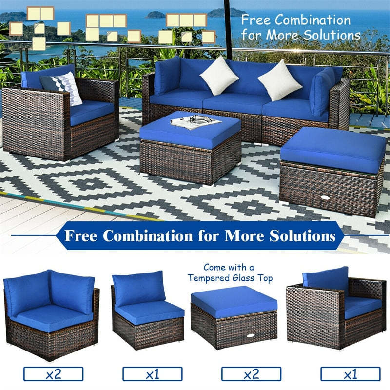 6 PCS Patio Rattan Sectional Furniture Set with Glass Coffee Table & Cushions Sofa Ottoman