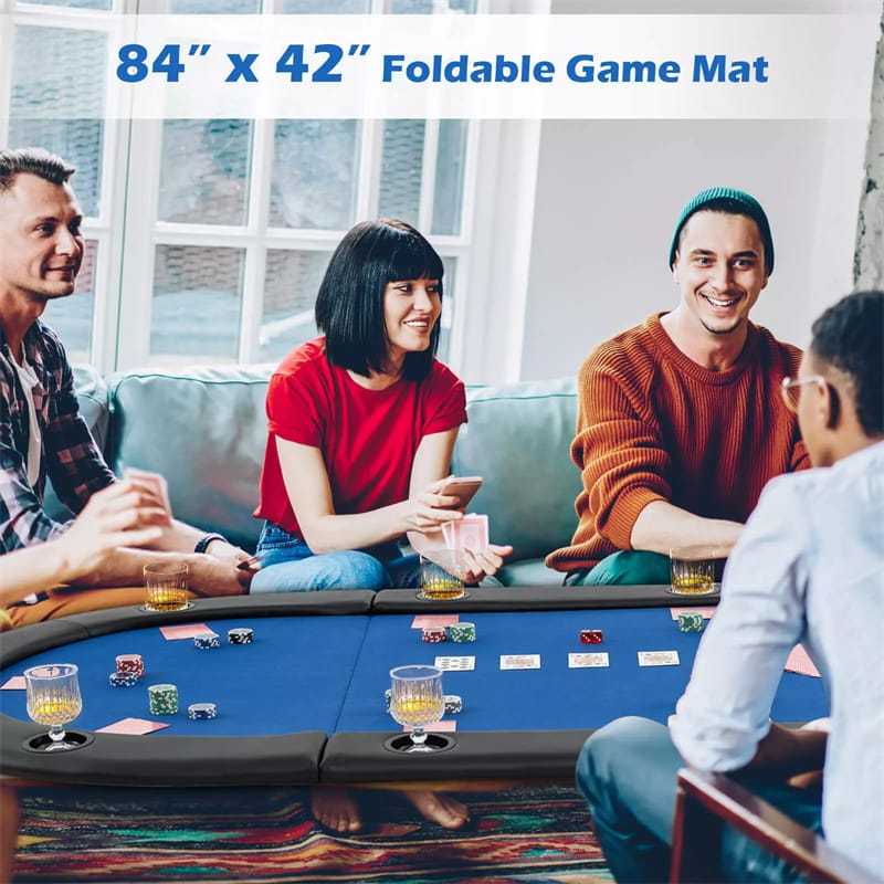 10-Player Foldable Poker Table Top, 84"x42" Portable Texas Holdem Poker Mat Layout with Carrying Bag & Cup Holders for Home Casino Games