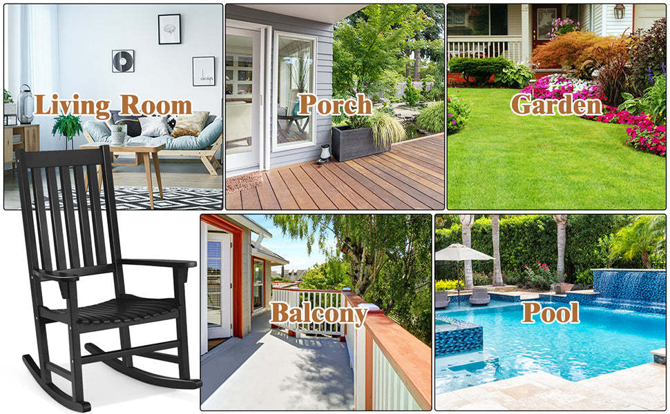 Outdoor Acacia Wood High Back Rocking Chair Patio Porch Rocker with Armrests