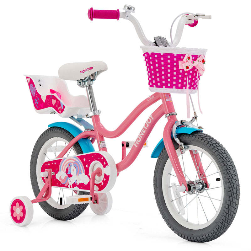 14 Inch Kids Bike, Children Bicycle with Removable Training Wheels, Basket, Adjustable Seat, Steel Frame for Boys & Girls Aged 3-9