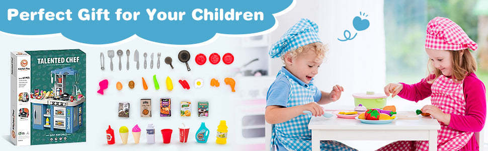 Kids Toy Kitchen Set Toddler Plastic Pretend Play Kitchen Set with 67pcs Kitchen Toys & Realistic Lights Sounds